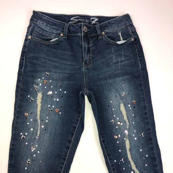 Seven7 Distressed Jewel Ankle Skinny Jeans 8 - Picture 6 of 16